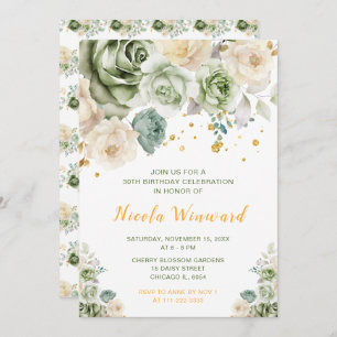 Sage Green and Cream Floral Birthday Party Invitation