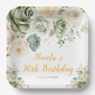 Sage Green and Cream Floral Birthday Party Paper Plate