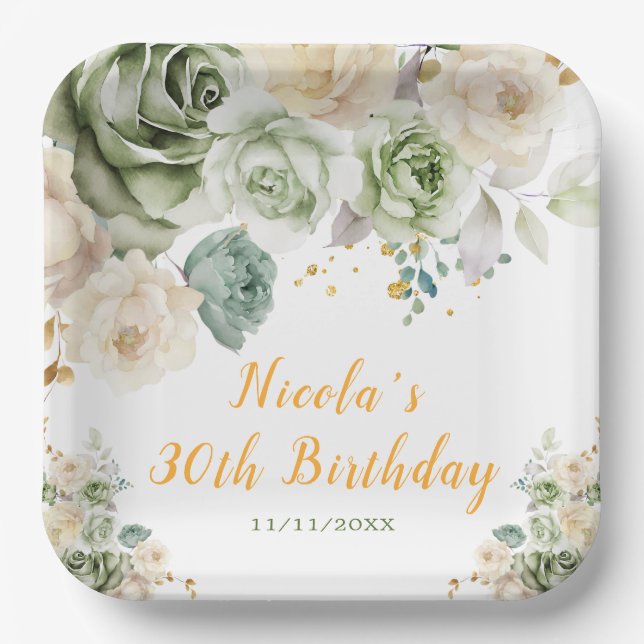 Sage Green and Cream Floral Birthday Party Paper Plate (Front)