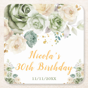 Sage Green and Cream Floral Birthday Party Square Paper Coaster