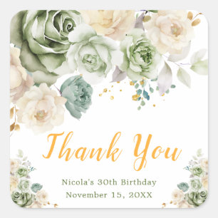 Sage Green and Cream Floral Birthday Party Square Sticker