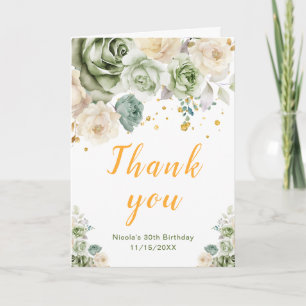Sage Green and Cream Floral Birthday Party Thank You Card