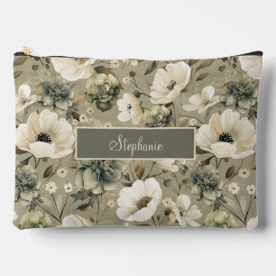 Sage Green And Cream Floral Personalised Accessory Pouch