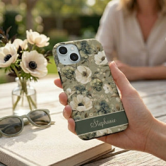 Sage Green And Cream Floral Personalised iPhone 15 Case