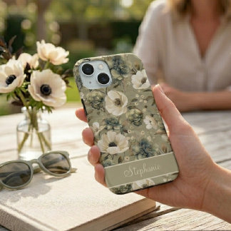 Sage Green And Cream Floral Personalised iPhone 15 Case