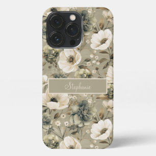 Sage Green And Cream Floral Personalised iPhone 13 Pro Case