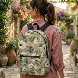 Sage Green And Cream Floral  Printed Backpack