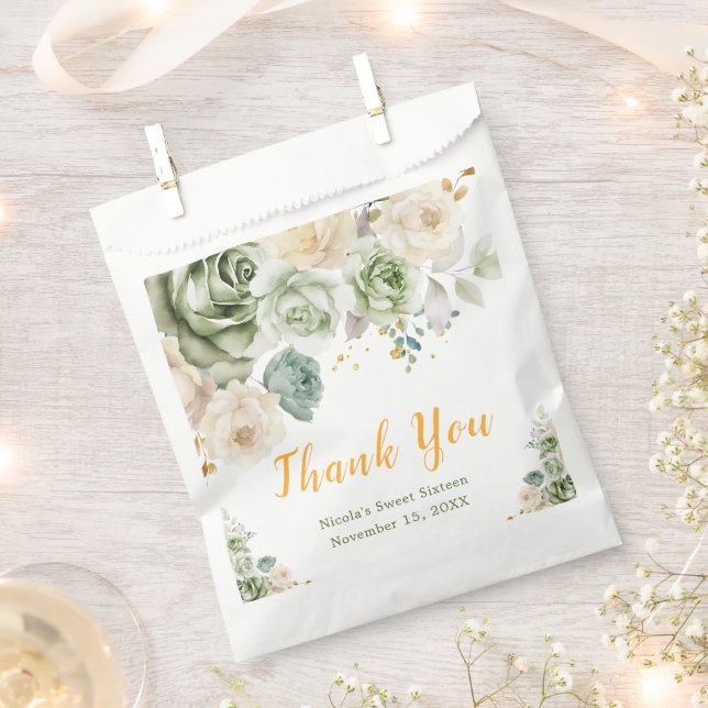 Sage Green and Cream Floral Sweet Sixteen Favour Bags (Clipped)