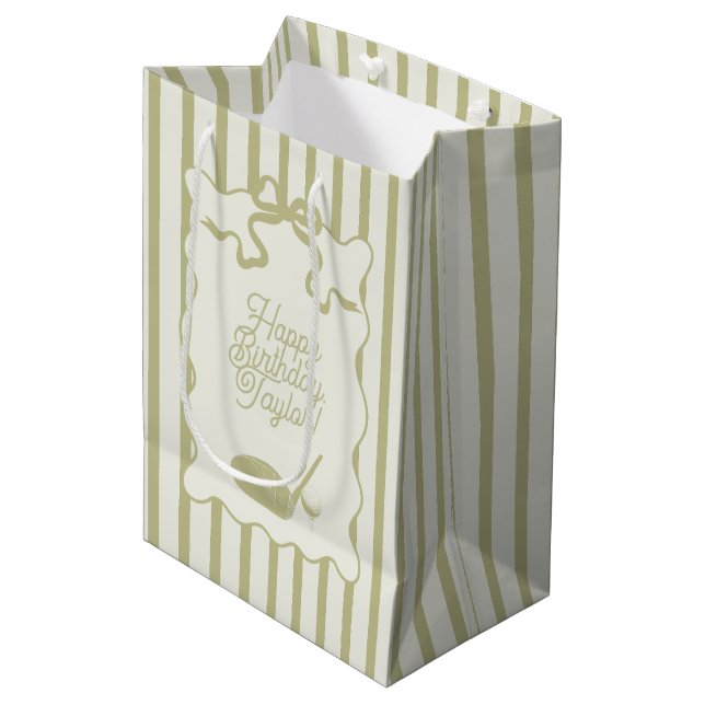 Sage Green and Cream Stripes Golf Personalised Medium Gift Bag (Front Angled)