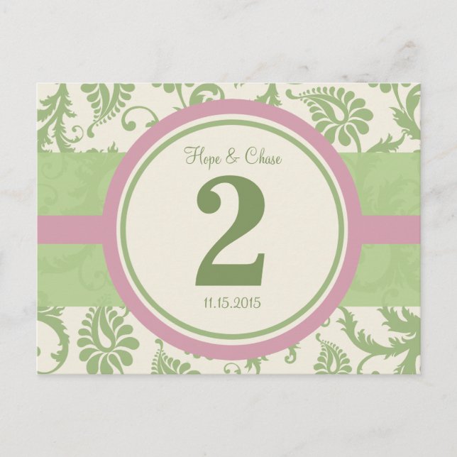 Sage Green and Dusy Rose Table Number Postcard (Front)