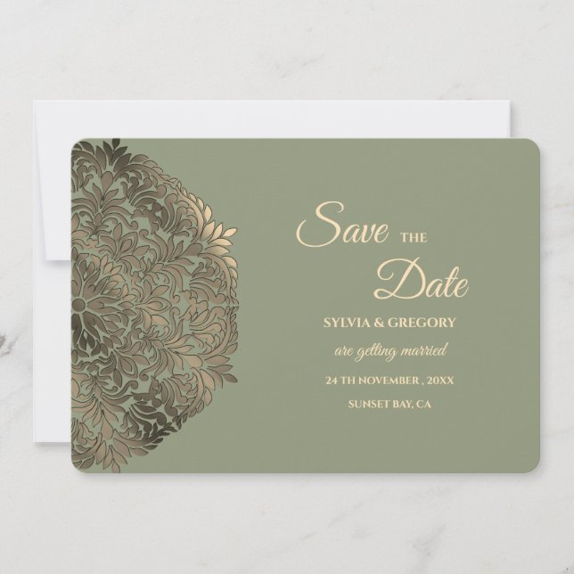 Sage Green and Faux Gold Save the Date Elegant  (Front)