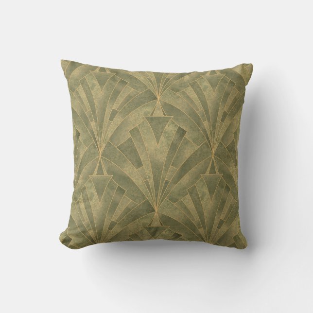Sage Green and Gold Art Deco Pattern Cushion (Front)