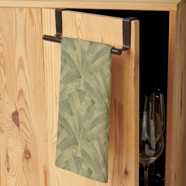 Sage Green and Gold Art Deco Pattern Tea Towel (Thirds Fold)