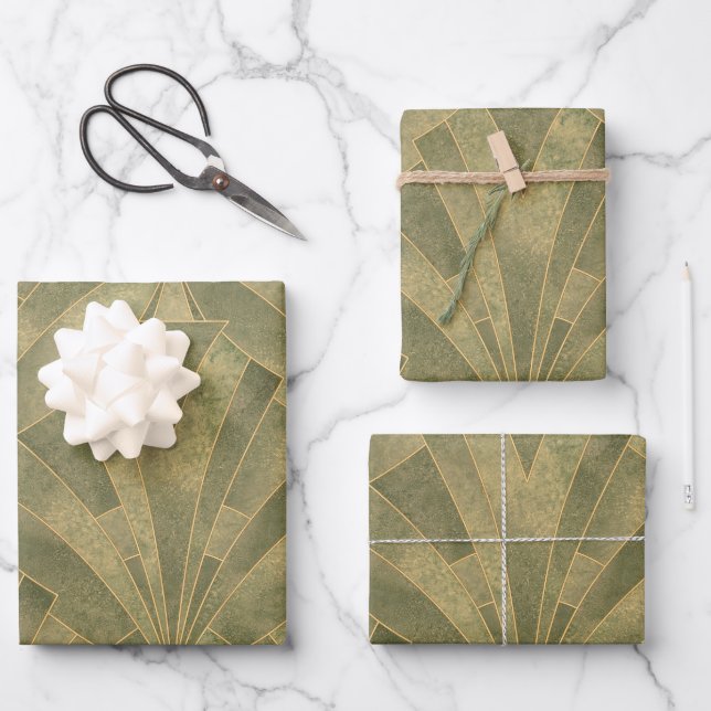 Sage Green and Gold Art Deco Pattern Wrapping Paper Sheet (Front)