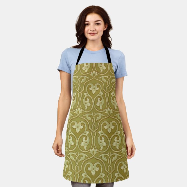 Sage Green and Gold Art Nouveau Pattern Apron (Worn)