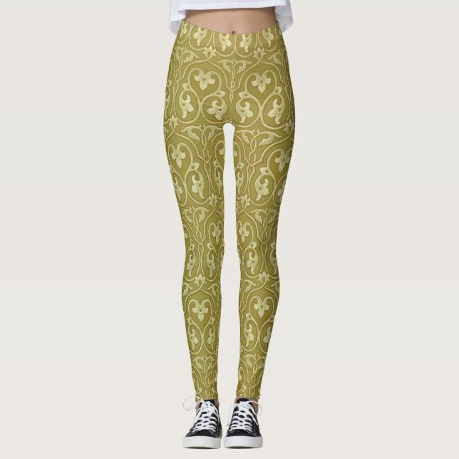 Sage Green and Gold Art Nouveau Pattern Leggings (Front)