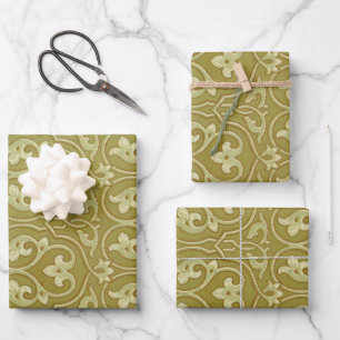 Sage Green and Gold Art Nouveau Pattern Wrapping Paper Sheet