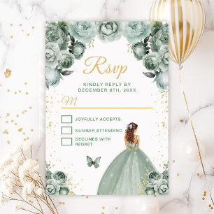 Sage Green and Gold Brown Hair Princess RSVP Card