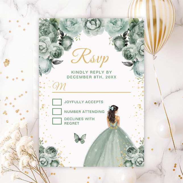 Sage Green and Gold Brunette Hair Princess RSVP Card (Creator Uploaded)