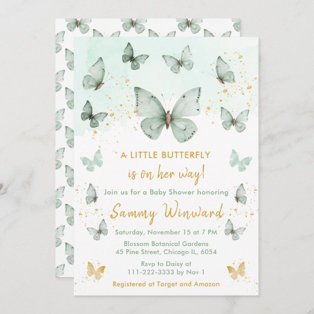 Sage Green and Gold Butterfly Baby Shower Invitation (Front/Back)