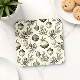 Sage Green and Gold Christmas Ornaments Coaster