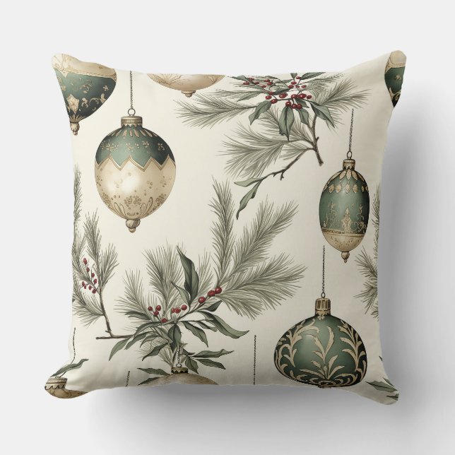 Sage Green and Gold Christmas Ornaments Cushion (Front)