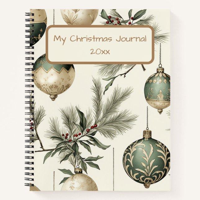 Sage Green and Gold Christmas Ornaments  Notebook (Front)