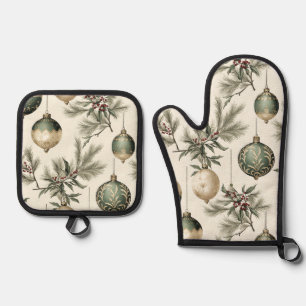 Sage Green and Gold Christmas Ornaments Oven Mitt & Pot Holder Set