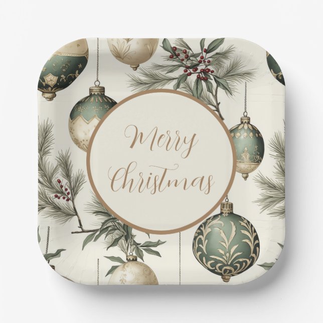 Sage Green and Gold Christmas Ornaments Paper Plate (Front)