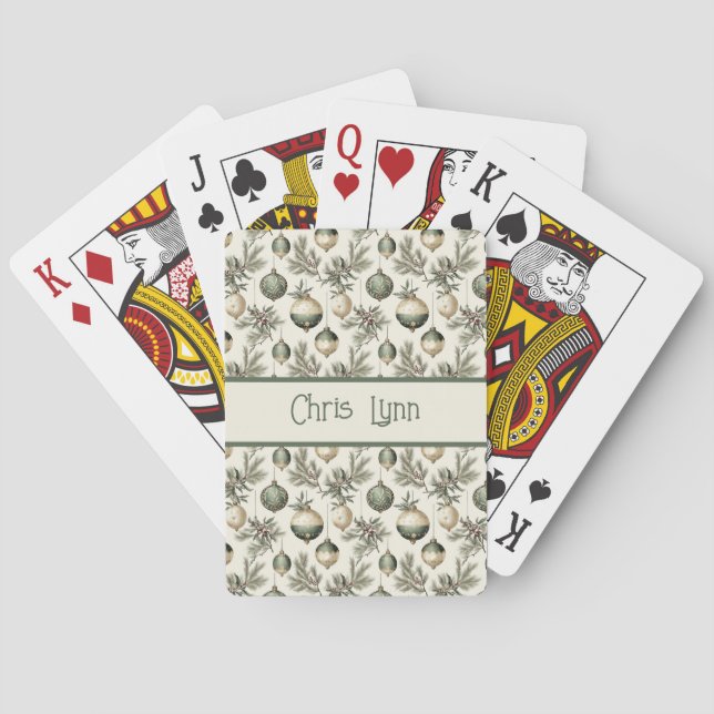 Sage Green and Gold Christmas Ornaments Playing Cards (Back)