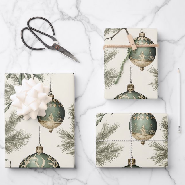 Sage Green and Gold Christmas Ornaments  Wrapping Paper Sheet (Front)