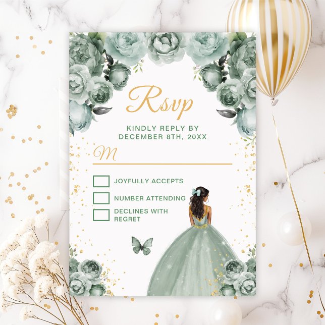 Sage Green and Gold Dark Skin Princess RSVP Card (Creator Uploaded)