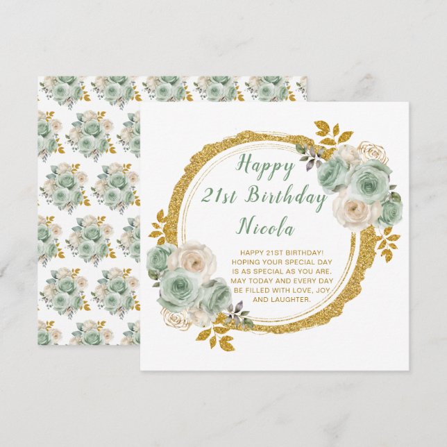 Sage Green and Gold Elegant Flowers Birthday Party Card (Front/Back)