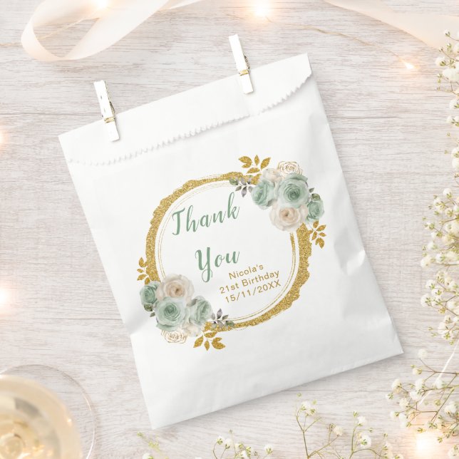 Sage Green and Gold Elegant Flowers Birthday Party Favour Bags (Clipped)