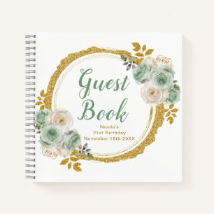 Sage Green and Gold Elegant Flowers Birthday Party Notebook