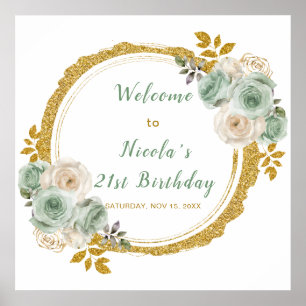 Sage Green and Gold Elegant Flowers Birthday Party Poster