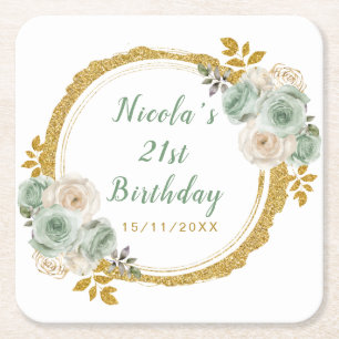 Sage Green and Gold Elegant Flowers Birthday Party Square Paper Coaster