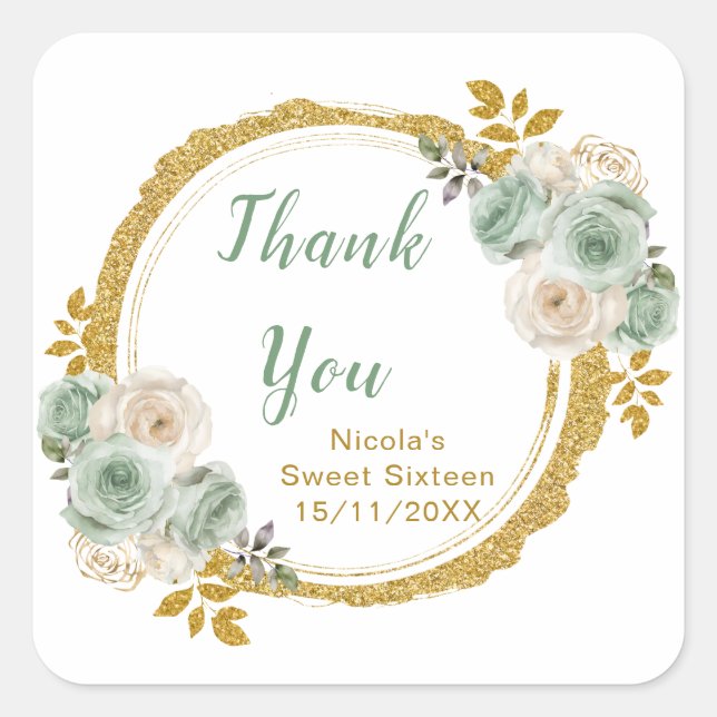 Sage Green and Gold Elegant Flowers Birthday Party Square Sticker (Front)