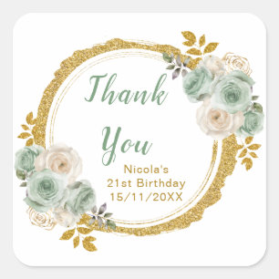 Sage Green and Gold Elegant Flowers Birthday Party Square Sticker