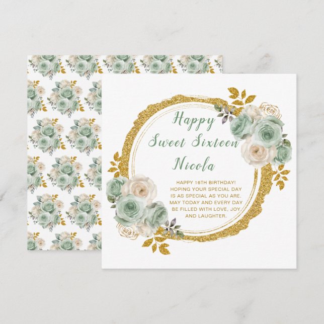 Sage Green and Gold Elegant Flowers Sweet Sixteen Card (Front/Back)