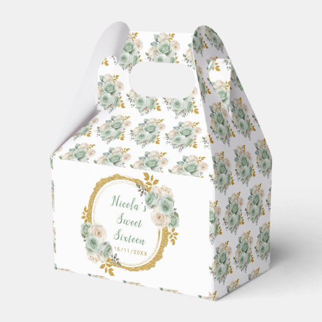 Sage Green and Gold Elegant Flowers Sweet Sixteen Favour Box (Front Side)