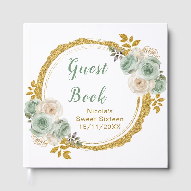 Sage Green and Gold Elegant Flowers Sweet Sixteen Guest Book (Front)