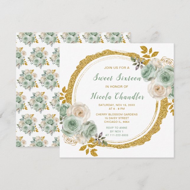 Sage Green and Gold Elegant Flowers Sweet Sixteen Invitation (Front/Back)