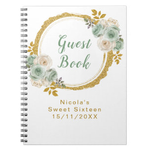 Sage Green and Gold Elegant Flowers Sweet Sixteen Notebook