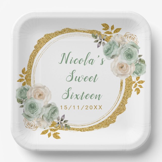 Sage Green and Gold Elegant Flowers Sweet Sixteen Paper Plate (Front)