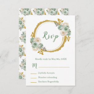 Sage Green and Gold Elegant Flowers Sweet Sixteen RSVP Card