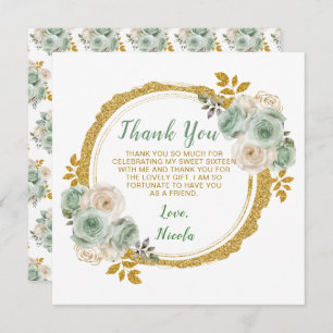 Sage Green and Gold Elegant Flowers Sweet Sixteen Thank You Card