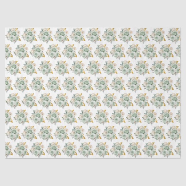 Sage Green and Gold Elegant Flowers Tissue Paper (Front)