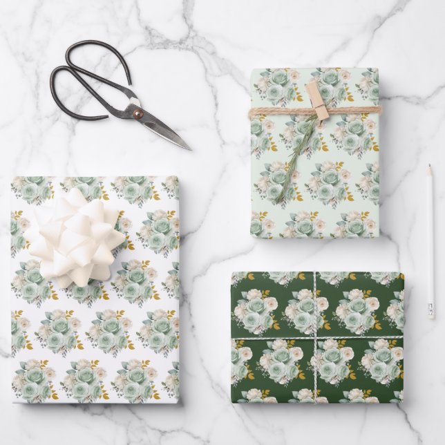 Sage Green and Gold Elegant Flowers Wrapping Paper Sheet (Front)