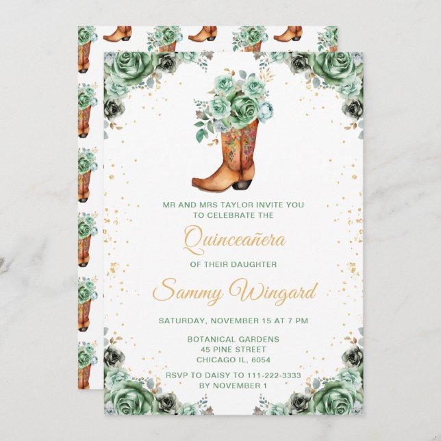 Sage Green and Gold Floral Cowboy Boot Quinceañera Invitation (Front/Back)